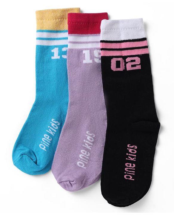 Pine Kids Cotton Nylon Spandex Mid-Calf Length Socks with Stripes & Pine Kids Text Design Pack of 3 - Blue Purple Black