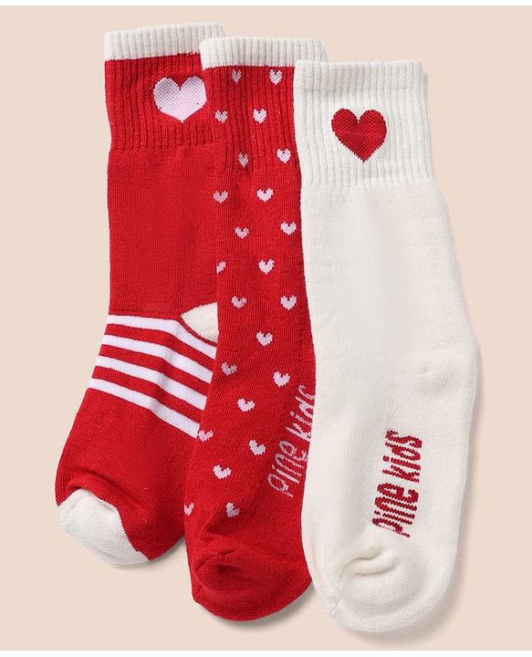 Pine Kids Cotton Mix Knit Socks with Hearts Print in Red & White Pack of 3