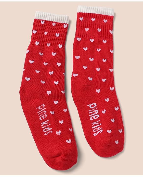 Pine Kids Cotton Mix Knit Socks with Hearts Print in Red & White Pack of 3