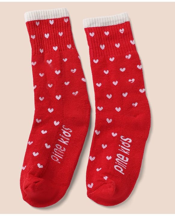 Pine Kids Cotton Mix Knit Socks with Hearts Print in Red & White Pack of 3