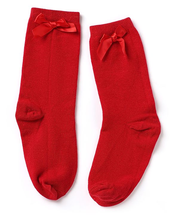 Pine Kids Cotton Knit Mid Calf Length Socks With Bow Applique Pack of 5 - Light Grey, Black, White, Pink & Red