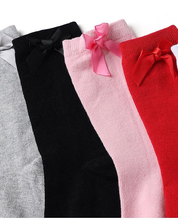 Pine Kids Cotton Knit Mid Calf Length Socks With Bow Applique Pack of 5 - Light Grey, Black, White, Pink & Red