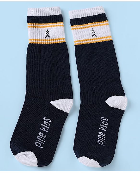 Pine Kids Cotton Nylon Spandex Mid-Calf Length Socks with Stripes & Pine Kids Text Design Pack of 3 - Black White Navy Blue