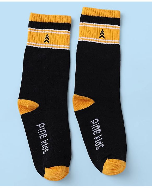 Pine Kids Cotton Nylon Spandex Mid-Calf Length Socks with Stripes & Pine Kids Text Design Pack of 3 - Black White Navy Blue