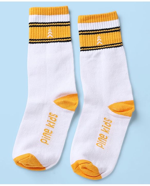 Pine Kids Cotton Nylon Spandex Mid-Calf Length Socks with Stripes & Pine Kids Text Design Pack of 3 - Black White Navy Blue