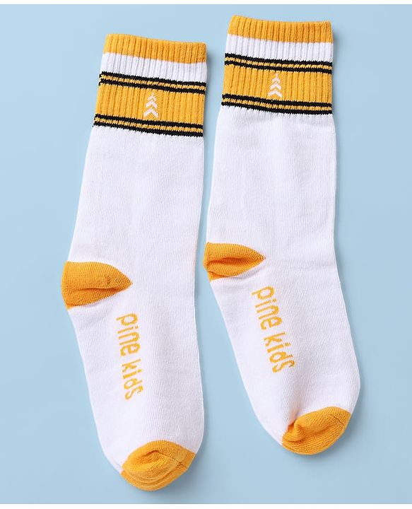 Pine Kids Cotton Nylon Spandex Mid-Calf Length Socks with Stripes & Pine Kids Text Design Pack of 3 - Black White Navy Blue