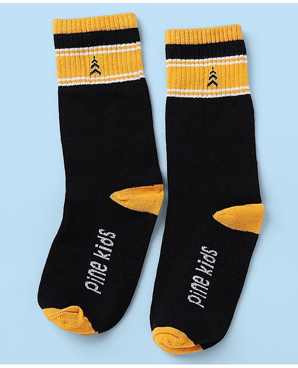 Pine Kids Cotton Nylon Spandex Mid-Calf Length Socks with Stripes & Pine Kids Text Design Pack of 3 - Black White Navy Blue