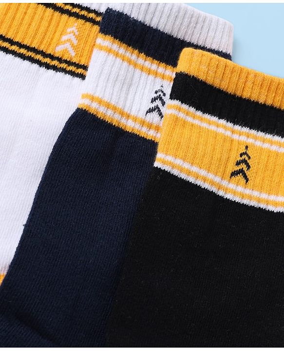 Pine Kids Cotton Nylon Spandex Mid-Calf Length Socks with Stripes & Pine Kids Text Design Pack of 3 - Black White Navy Blue