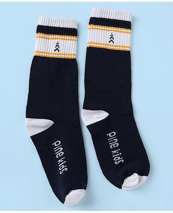 Pine Kids Cotton Nylon Spandex Mid-Calf Length Socks with Stripes & Pine Kids Text Design Pack of 3 - Black White Navy Blue