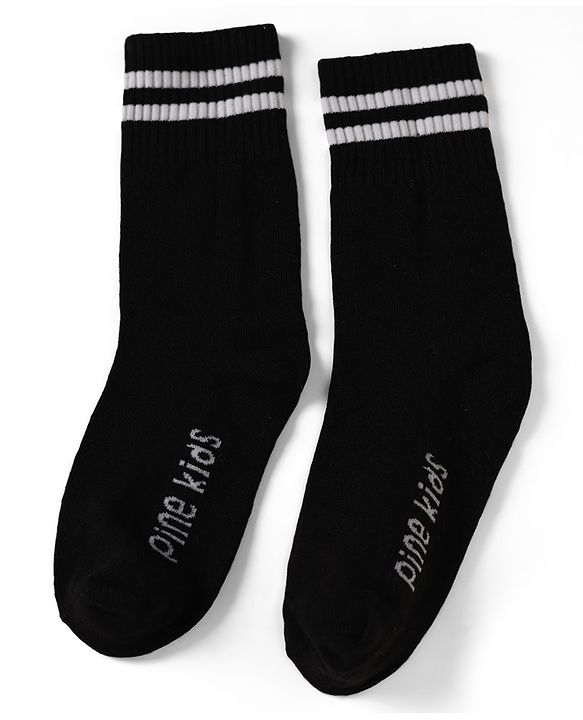 Pine Kids Cotton Knit Regular Length Socks With Logo Design Set of 3 - Blue, Black & Cream