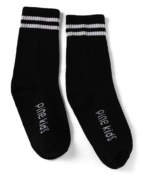 Pine Kids Cotton Knit Regular Length Socks With Logo Design Set of 3 - Blue, Black & Cream