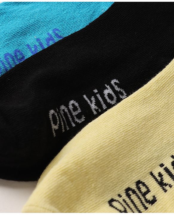 Pine Kids Cotton Knit Regular Length Socks With Logo Design Set of 3 - Blue, Black & Cream
