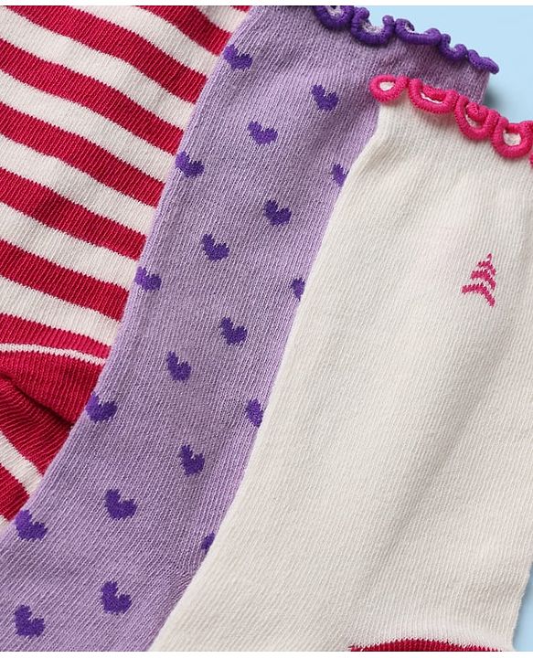 Pine Kids Cotton Nylon Spandex Mid-Calf Length Striped Socks with Heart & Pine Kids Text Design Pack of 3 - Violet Red White