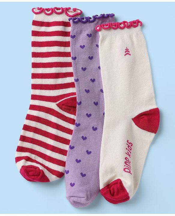 Pine Kids Cotton Nylon Spandex Mid-Calf Length Striped Socks with Heart & Pine Kids Text Design Pack of 3 - Violet Red White