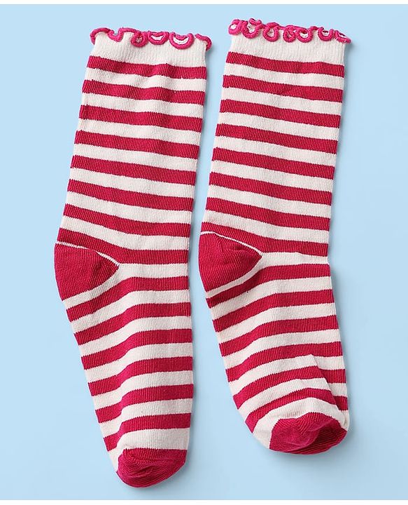 Pine Kids Cotton Nylon Spandex Mid-Calf Length Striped Socks with Heart & Pine Kids Text Design Pack of 3 - Violet Red White