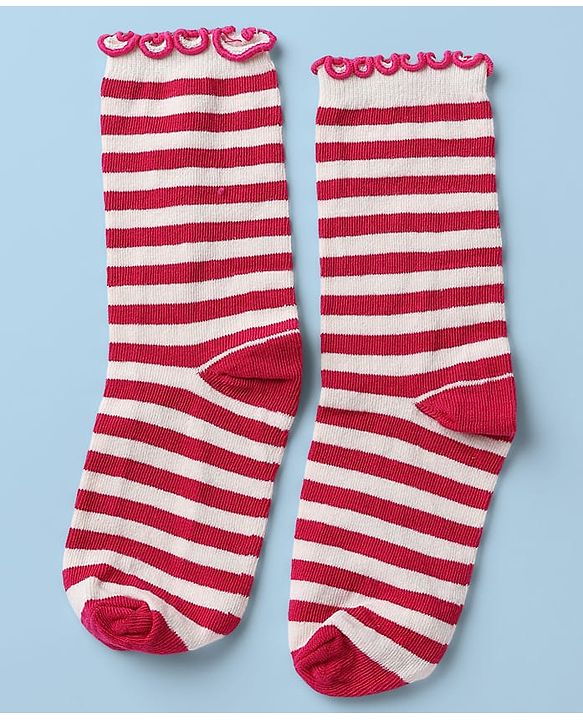 Pine Kids Cotton Nylon Spandex Mid-Calf Length Striped Socks with Heart & Pine Kids Text Design Pack of 3 - Violet Red White