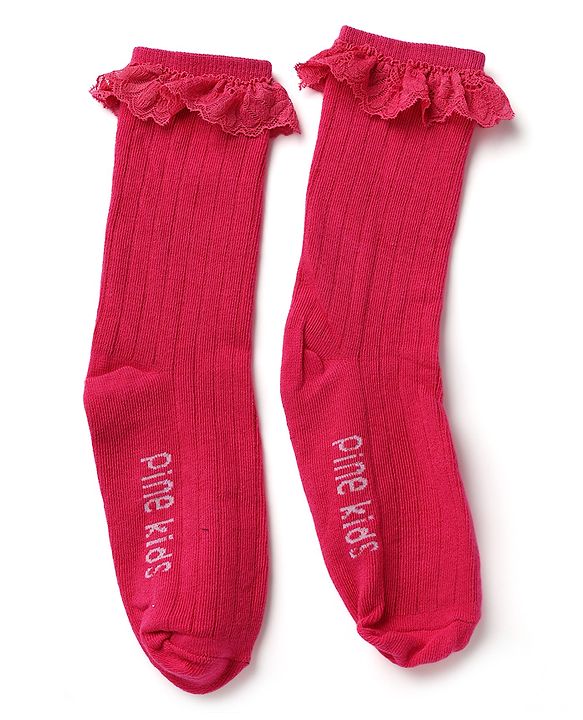 Pine Kids Cotton Knit Calf Length Socks With Logo Embroidery & Frill Detailing Pack of 3 - Dark Pink, Red & Yellow