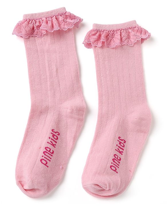 Pine Kids Cotton Knit Calf Length Socks With Logo Embroidery & Frill Detailing Pack of 3 - Dark Pink, Red & Yellow