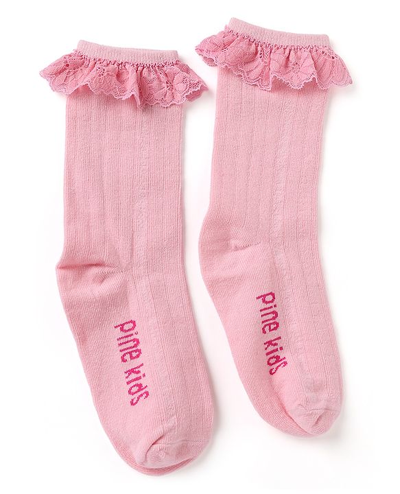 Pine Kids Cotton Knit Calf Length Socks With Logo Embroidery & Frill Detailing Pack of 3 - Dark Pink, Red & Yellow
