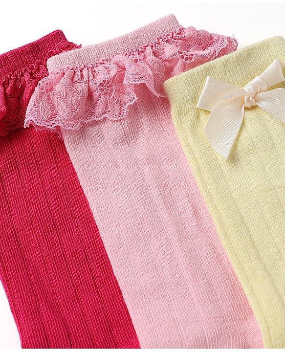 Pine Kids Cotton Knit Calf Length Socks With Logo Embroidery & Frill Detailing Pack of 3 - Dark Pink, Red & Yellow