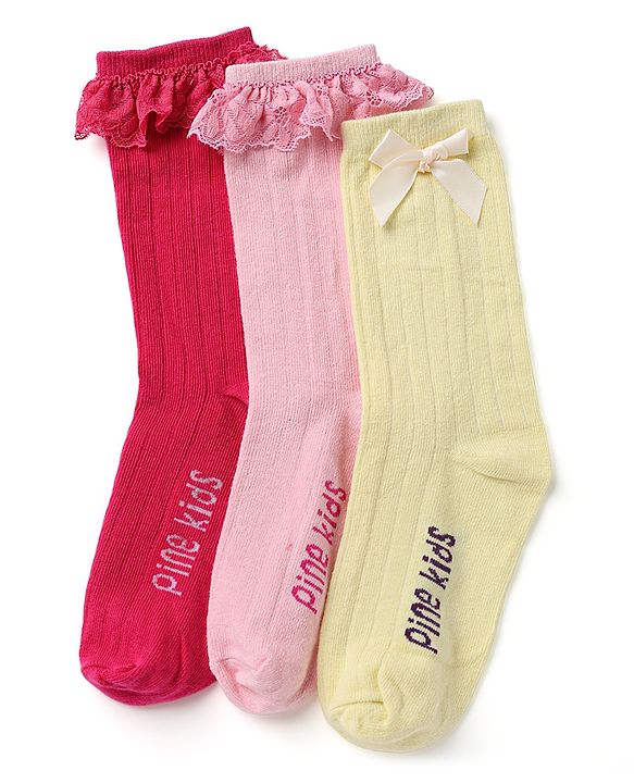 Pine Kids Cotton Knit Calf Length Socks With Logo Embroidery & Frill Detailing Pack of 3 - Dark Pink, Red & Yellow