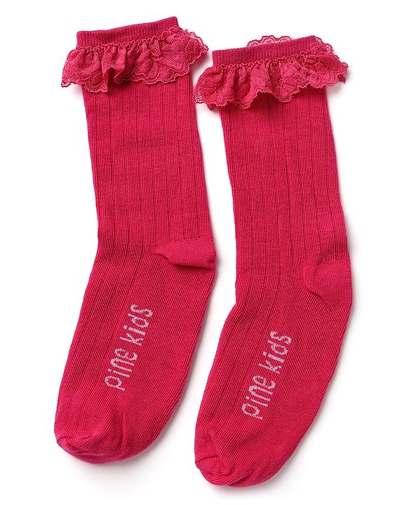 Pine Kids Cotton Knit Calf Length Socks With Logo Embroidery & Frill Detailing Pack of 3 - Dark Pink, Red & Yellow