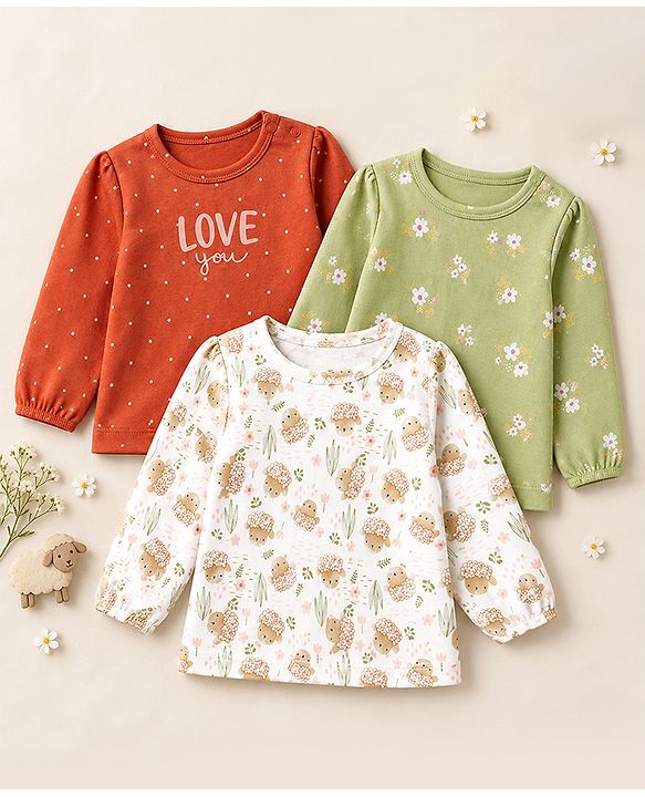 Babyhug 100% Cotton Interlock Knit T-Shirts with Full Puffed Sleeves and Polka Dots Floral & Love You Text Print Pack of 3 - White Olive Green Red