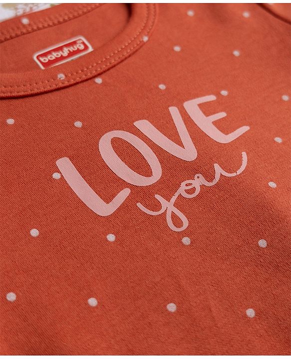 Babyhug 100% Cotton Interlock Knit T-Shirts with Full Puffed Sleeves and Polka Dots Floral & Love You Text Print Pack of 3 - White Olive Green Red