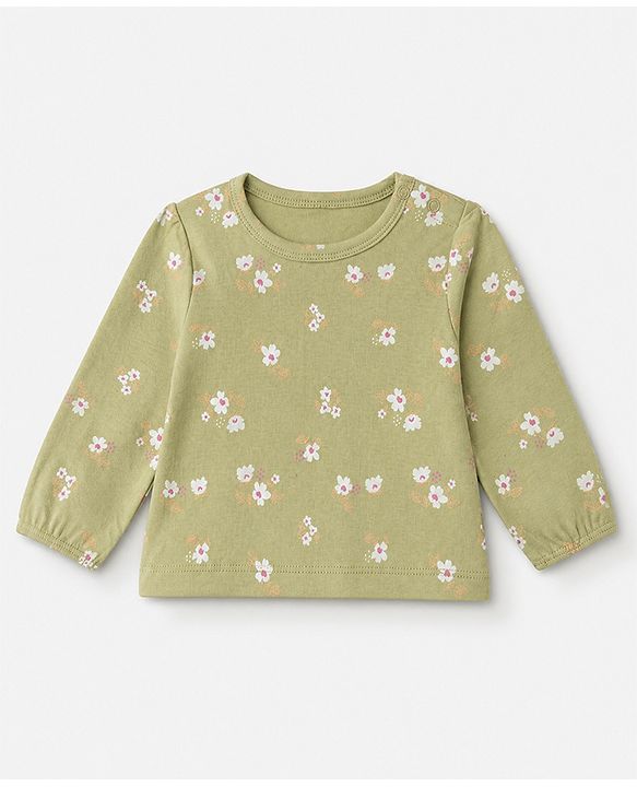 Babyhug 100% Cotton Interlock Knit T-Shirts with Full Puffed Sleeves and Polka Dots Floral & Love You Text Print Pack of 3 - White Olive Green Red