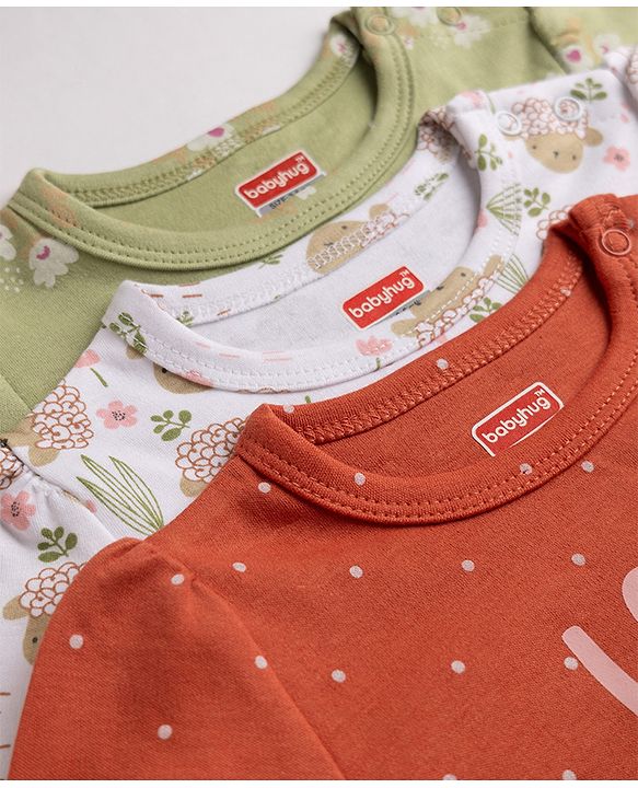 Babyhug 100% Cotton Interlock Knit T-Shirts with Full Puffed Sleeves and Polka Dots Floral & Love You Text Print Pack of 3 - White Olive Green Red