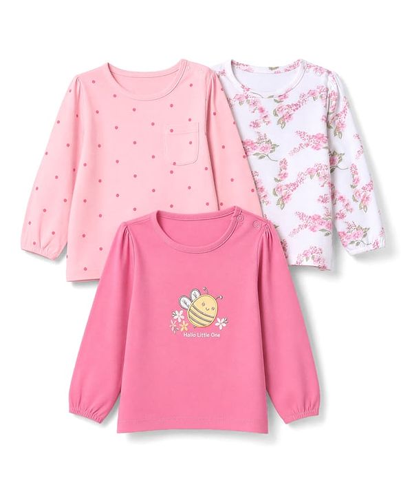 Babyhug 100% Cotton Knit Full Sleeves T-Shirts with Floral Print and Bee Embroidery Pack of 3 in Light Pink, White & Dark Pink