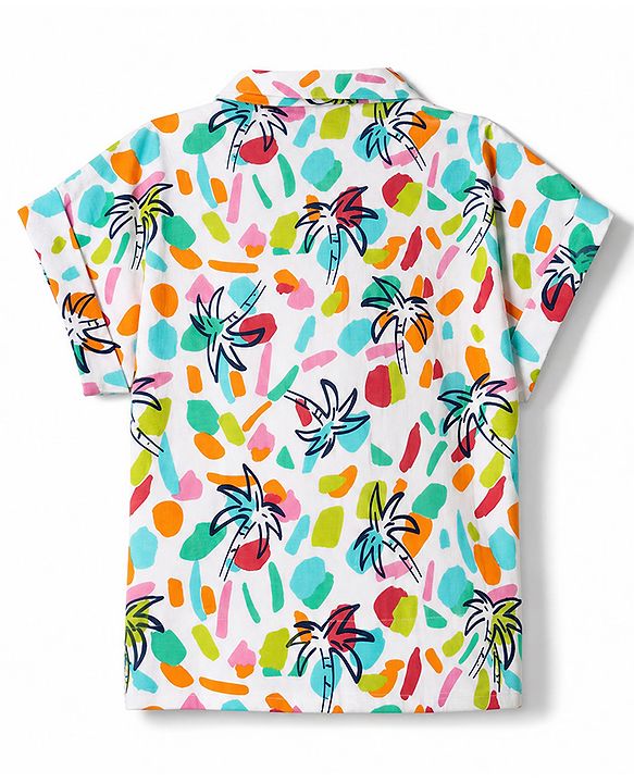 Babyhug 100% Cotton Knit Half Sleeves Shirt Style Top with Tropical Print - White