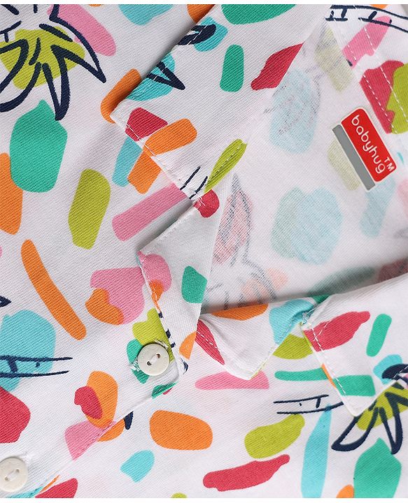Babyhug 100% Cotton Knit Half Sleeves Shirt Style Top with Tropical Print - White