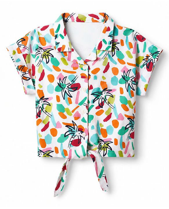 Babyhug 100% Cotton Knit Half Sleeves Shirt Style Top with Tropical Print - White