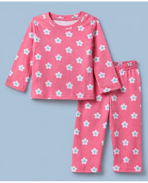 Babyhug Cotton Knit Full Sleeves Co-ord T-Shirt & Pajama Night Suit with Floral Print - Dark Pink