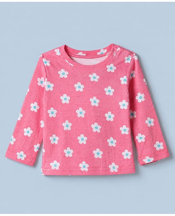 Babyhug Cotton Knit Full Sleeves Co-ord T-Shirt & Pajama Night Suit with Floral Print - Dark Pink