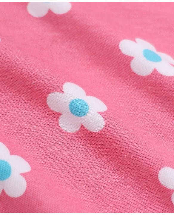 Babyhug Cotton Knit Full Sleeves Co-ord T-Shirt & Pajama Night Suit with Floral Print - Dark Pink