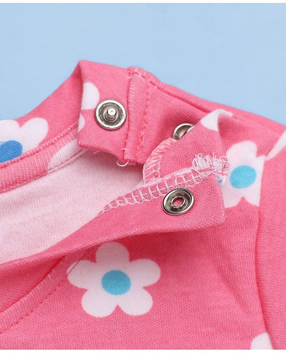 Babyhug Cotton Knit Full Sleeves Co-ord T-Shirt & Pajama Night Suit with Floral Print - Dark Pink