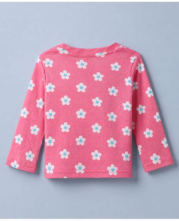 Babyhug Cotton Knit Full Sleeves Co-ord T-Shirt & Pajama Night Suit with Floral Print - Dark Pink