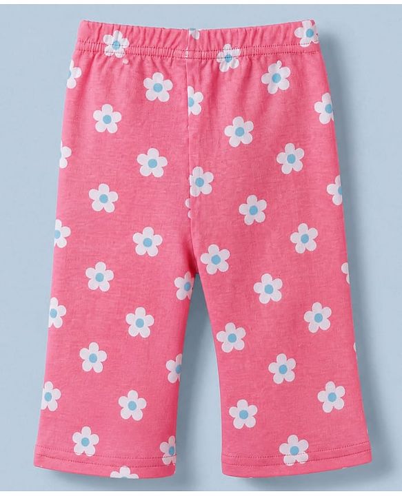 Babyhug Cotton Knit Full Sleeves Co-ord T-Shirt & Pajama Night Suit with Floral Print - Dark Pink