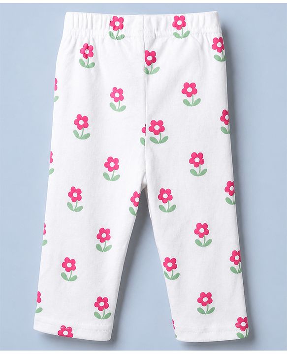 Babyhug Cotton Interlock Knit Full Sleeves Co-ord T-Shirt & Pajama Night Suit with Floral Print - White
