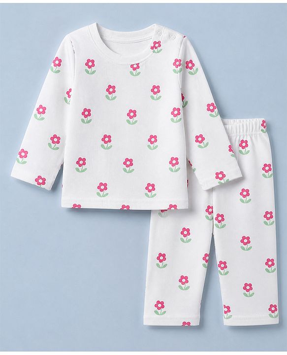 Babyhug Cotton Interlock Knit Full Sleeves Co-ord T-Shirt & Pajama Night Suit with Floral Print - White