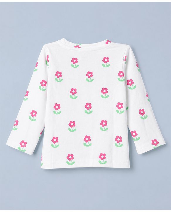 Babyhug Cotton Interlock Knit Full Sleeves Co-ord T-Shirt & Pajama Night Suit with Floral Print - White