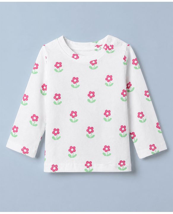 Babyhug Cotton Interlock Knit Full Sleeves Co-ord T-Shirt & Pajama Night Suit with Floral Print - White