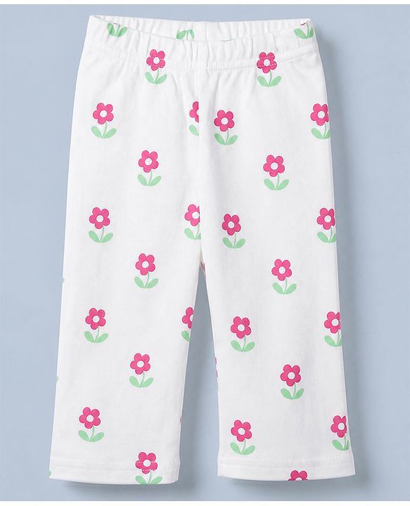 Babyhug Cotton Interlock Knit Full Sleeves Co-ord T-Shirt & Pajama Night Suit with Floral Print - White