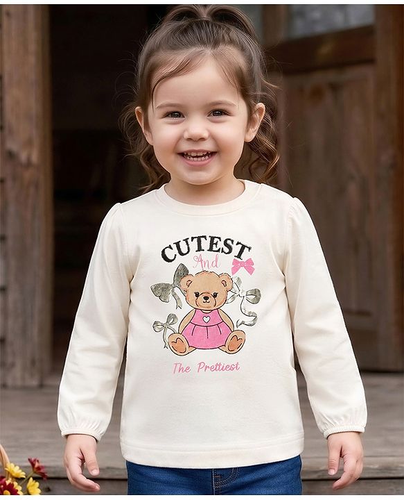 Babyhug 100% Cotton Knit T-Shirt with Full Sleeves and Bear Print in White