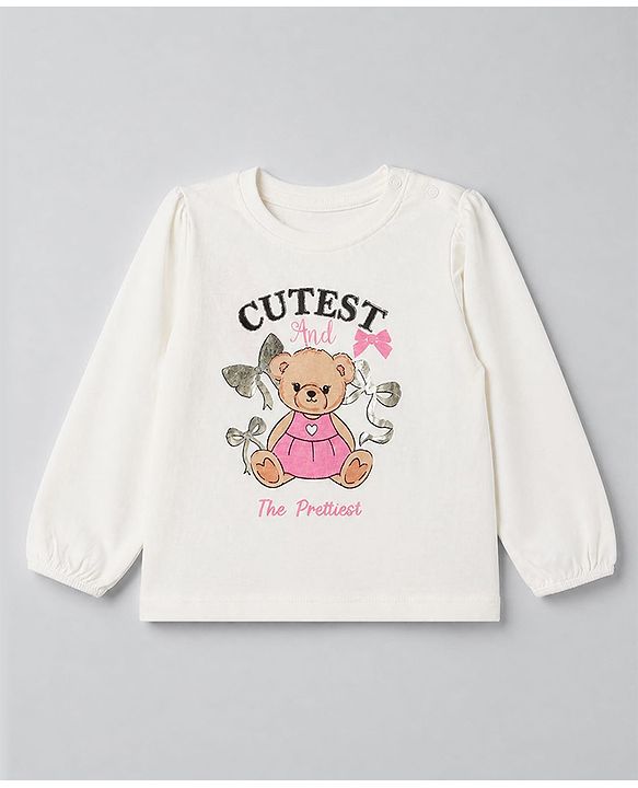 Babyhug 100% Cotton Knit T-Shirt with Full Sleeves and Bear Print in White