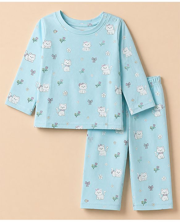 Babyhug Cotton Interlock Knit Full Sleeves Co-ord T-Shirt & Pajama Night Suit with Floral Kitten Print - Light Blue