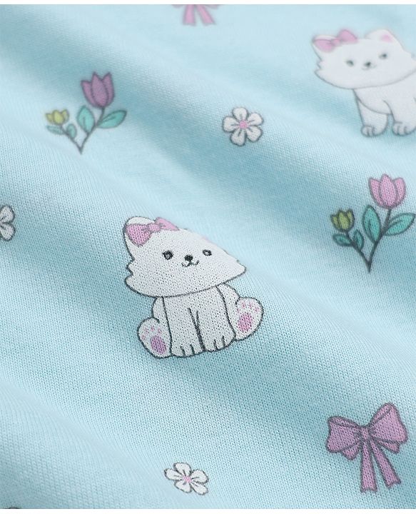 Babyhug Cotton Interlock Knit Full Sleeves Co-ord T-Shirt & Pajama Night Suit with Floral Kitten Print - Light Blue
