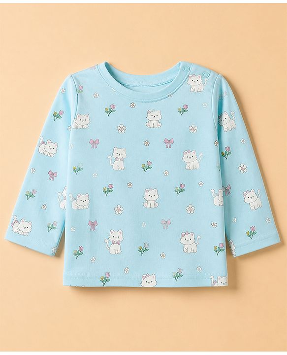 Babyhug Cotton Interlock Knit Full Sleeves Co-ord T-Shirt & Pajama Night Suit with Floral Kitten Print - Light Blue